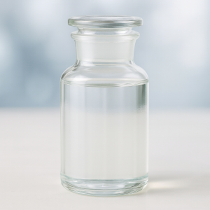 Transparent liquid chemical in glass bottle – laboratory sample