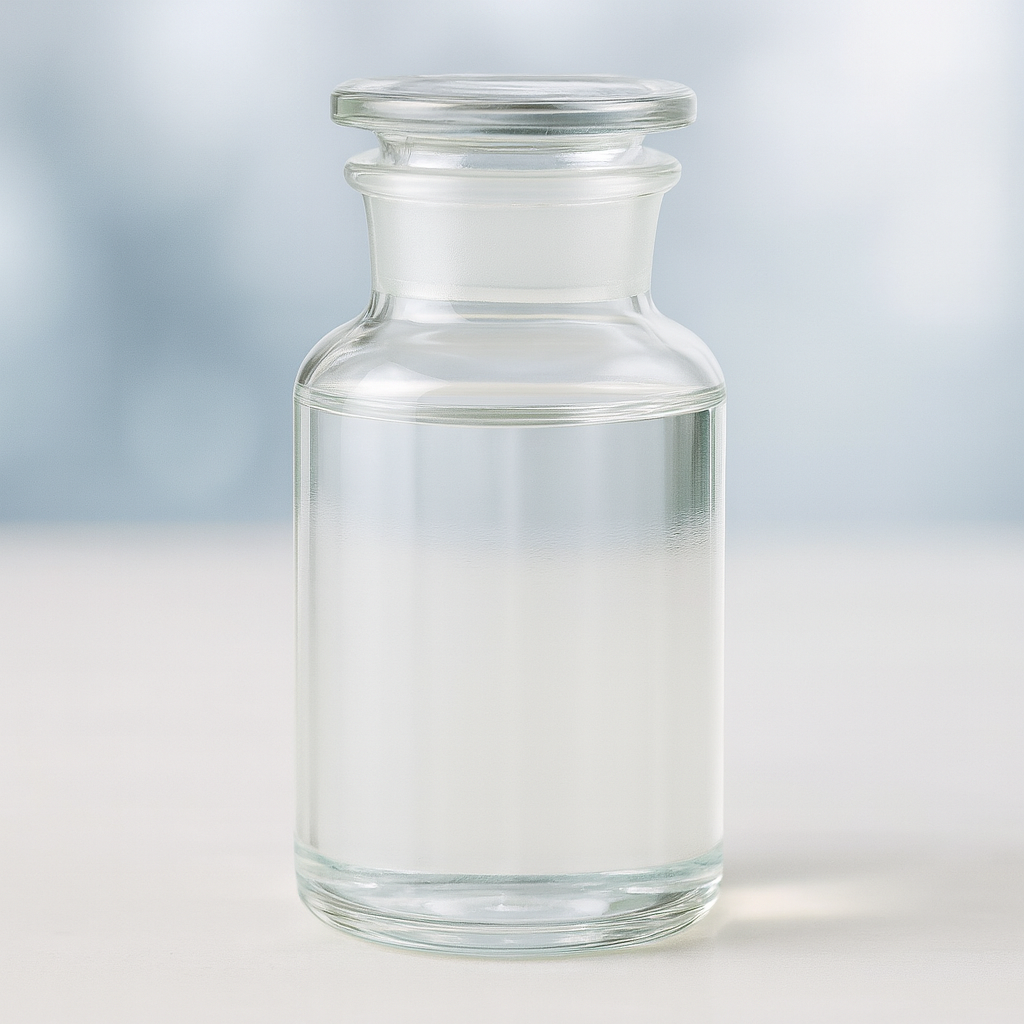 Transparent liquid chemical in glass bottle – laboratory sample