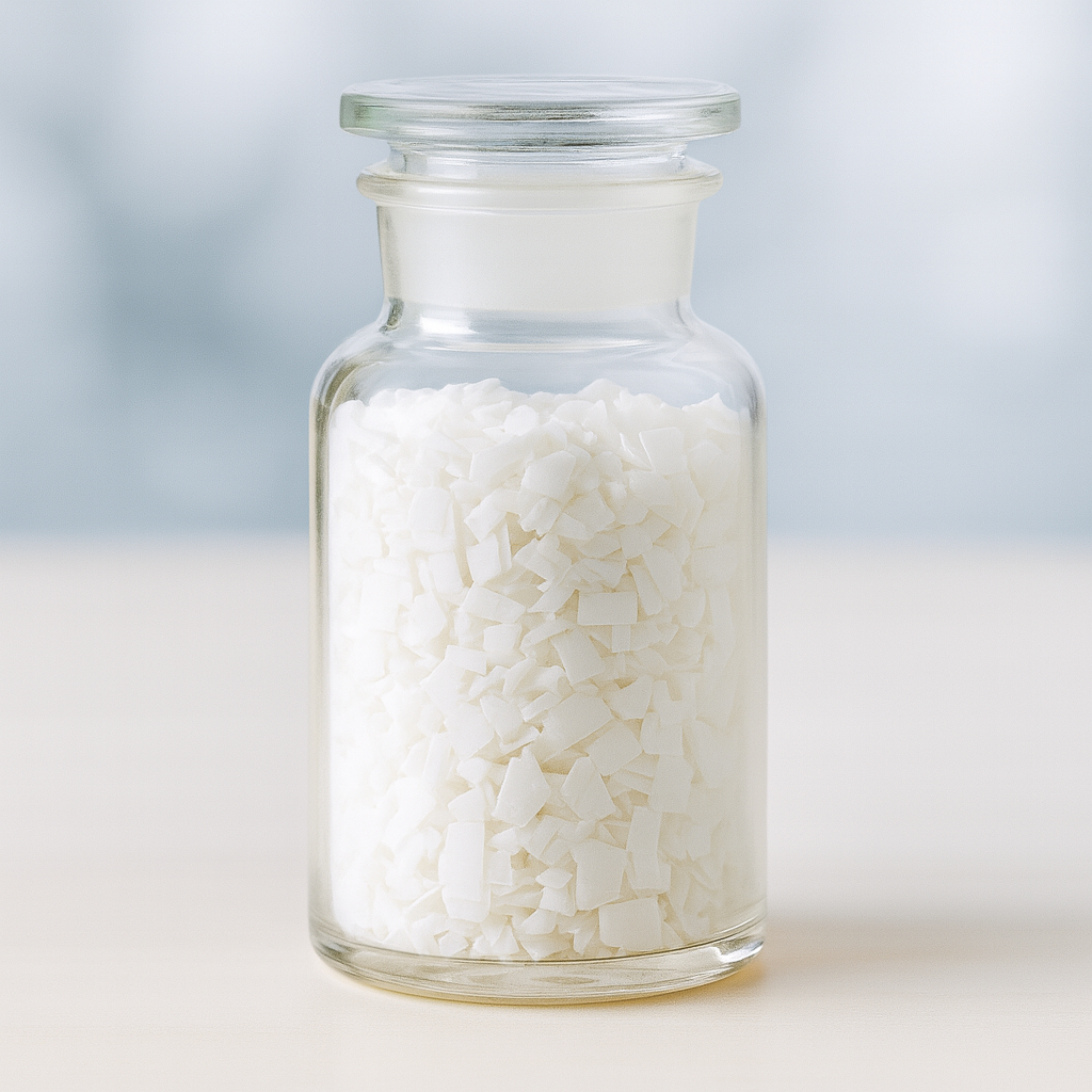 White chemical flakes in glass container
