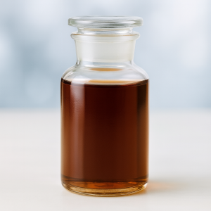 Brown liquid chemical sample in glass bottle