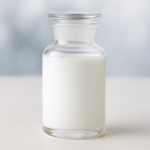 White liquid chemical sample in glass bottle