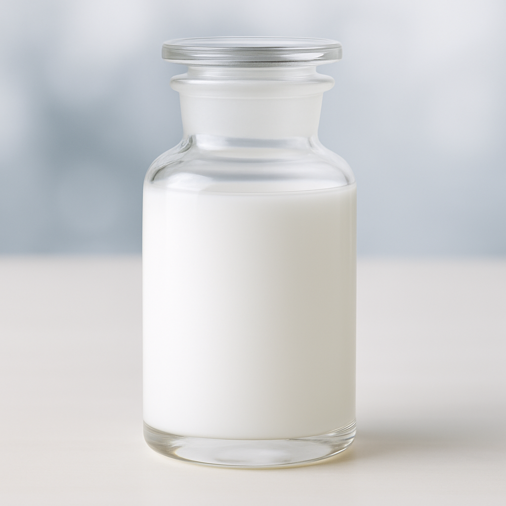 White liquid chemical sample in glass bottle