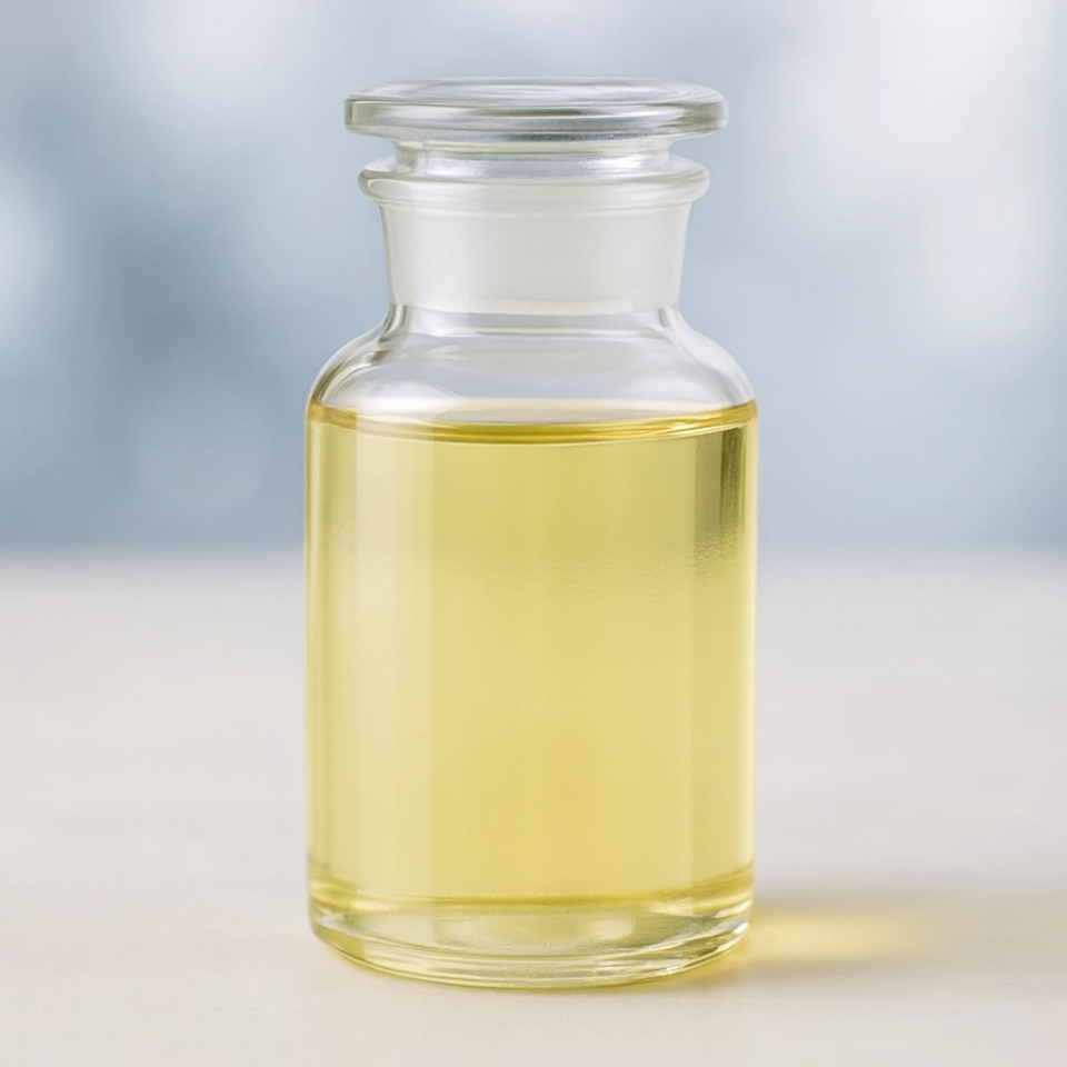 Yellow liquid chemical product in clear glass container