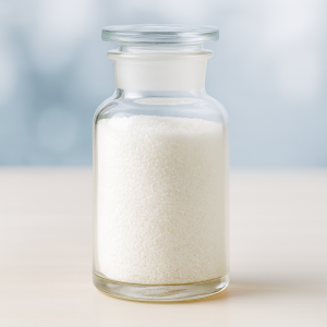 White solid chemical powder in glass bottle