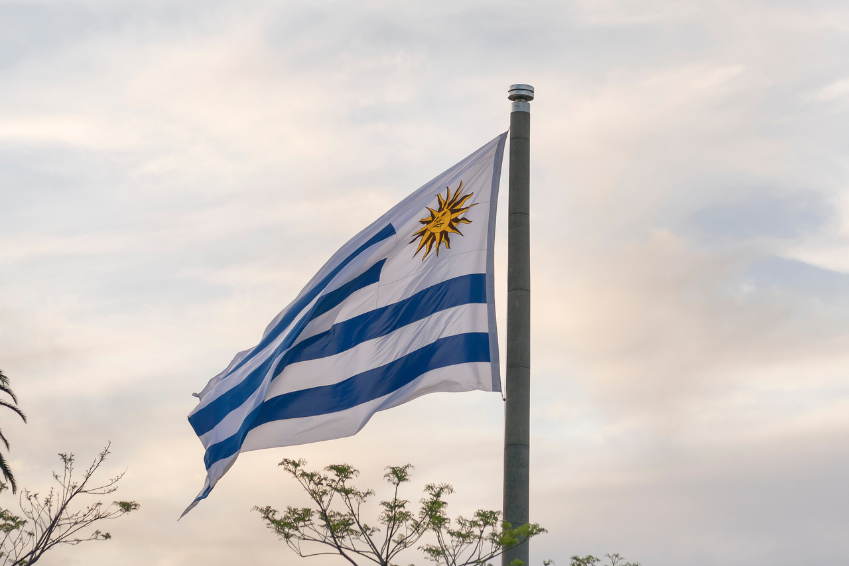 Uruguay national flag waving in the sky, representing SBR International GmbH’s partnerships in Latin America
