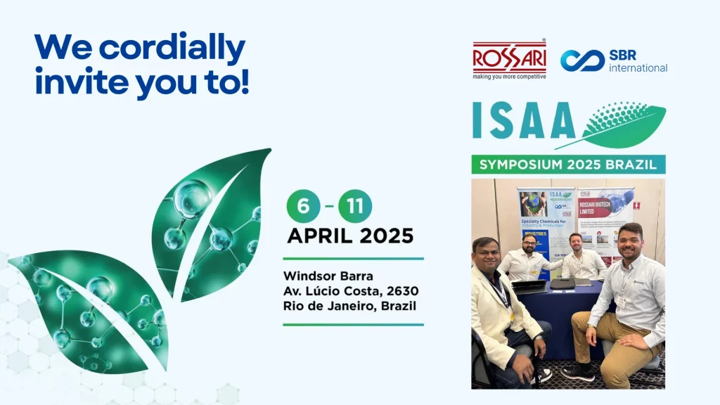 Promotional banner for ISAA Symposium 2025 Brazil with event details and partners SBR International GmbH and Rossari