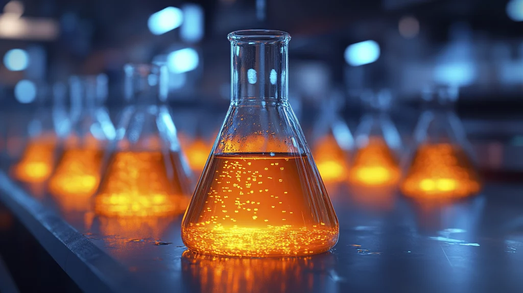 Laboratory flasks with effervescent orange liquid, symbolizing chemical reactions and specialty chemical formulations