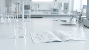Aceite mineral blanco grado USP en vaso de laboratorio junto a su ficha técnica