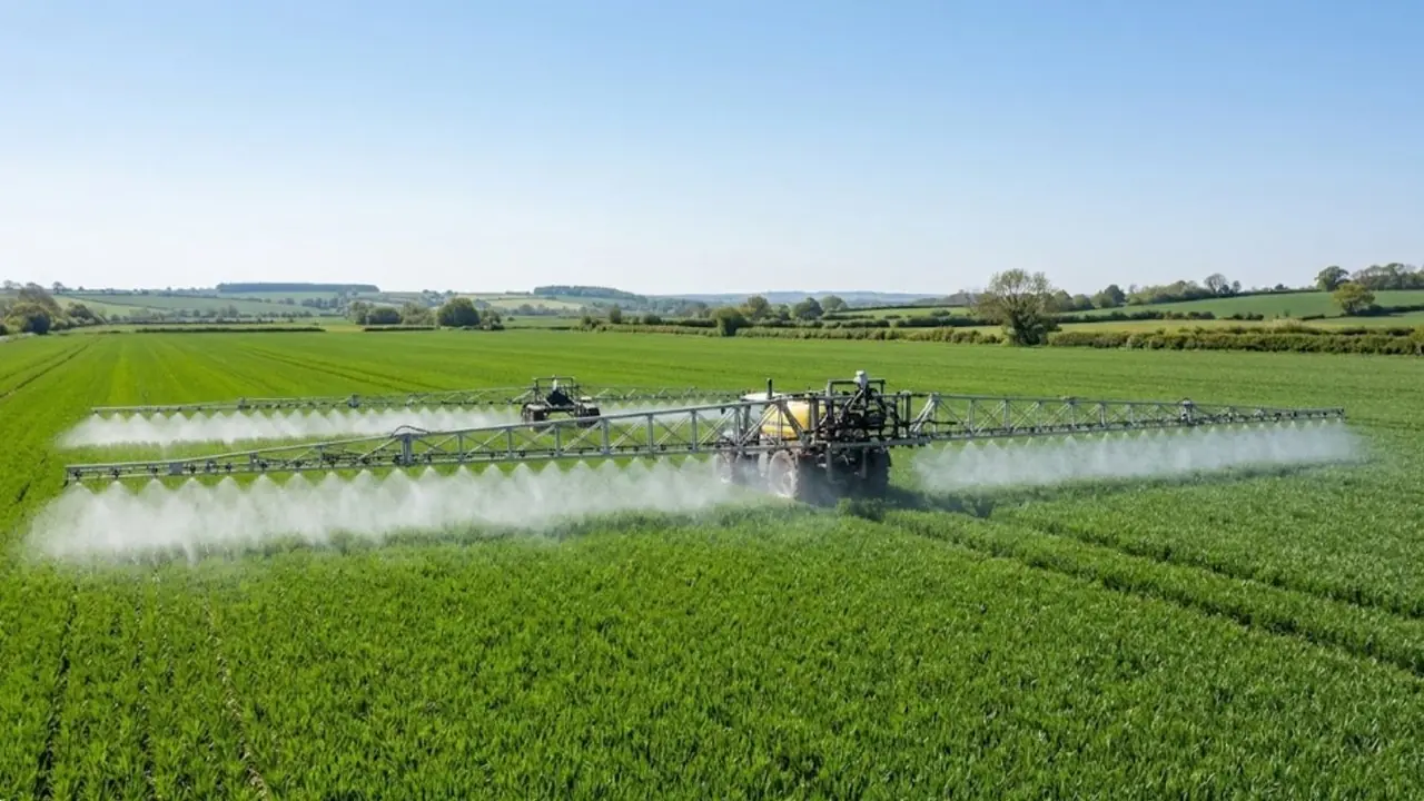 Aspersora aplicando la mezcla de tanque sobre un cultivo, uso de antiespumante agrícola en campo