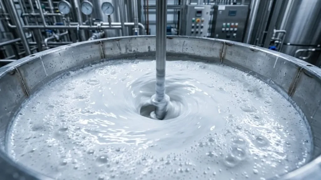 Pintura base agua con espuma en un tanque de dispersión industrial, donde actúa el antiespumante