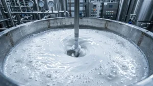 Pintura base agua con espuma en un tanque de dispersión industrial, donde actúa el antiespumante