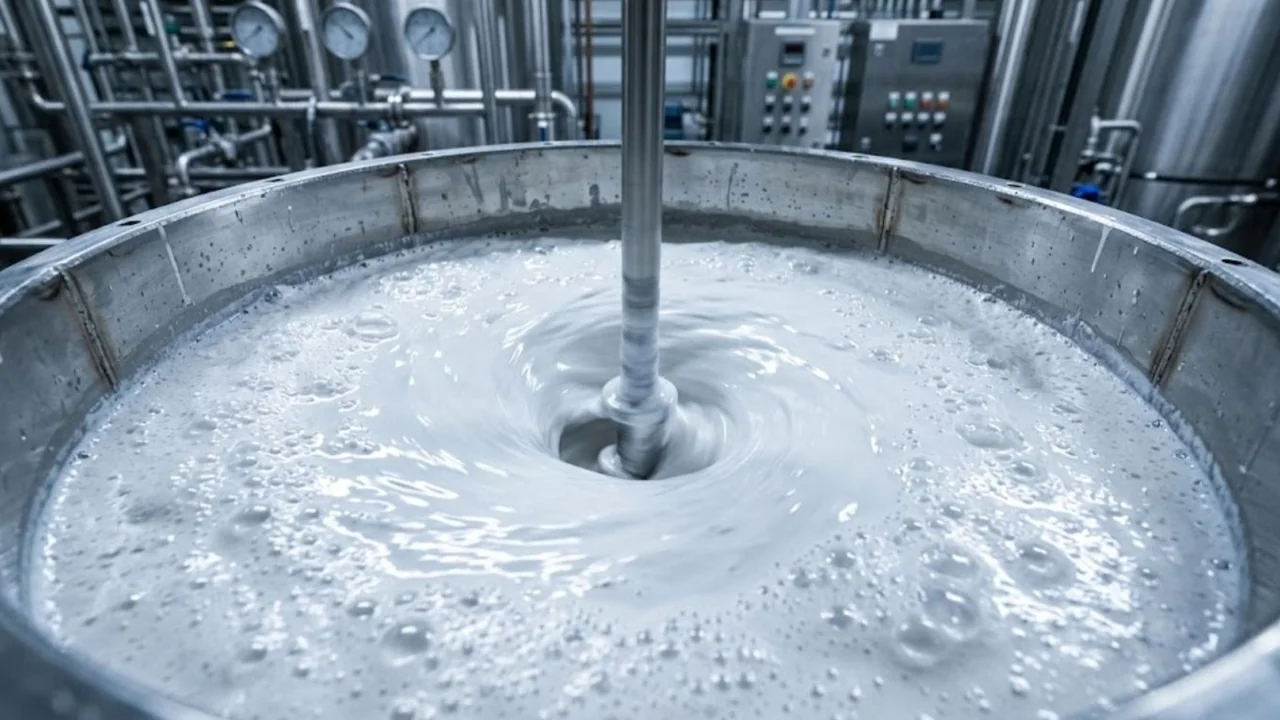 Pintura base agua con espuma en un tanque de dispersión industrial, donde actúa el antiespumante