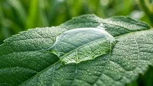 Gota de mezcla extendiéndose sobre una hoja verde, mayor cobertura gracias a un coadyuvante agrícola