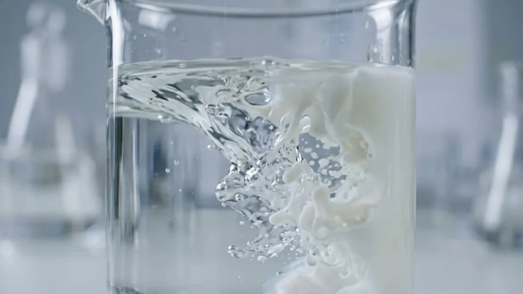 Fase oleosa dispersándose en agua en un vaso de laboratorio, formación de una emulsión con tensoactivos